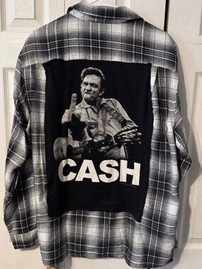 Johnny Cash Upcycled Back Graphic T-Shirt on Flannel - Size Men's Large